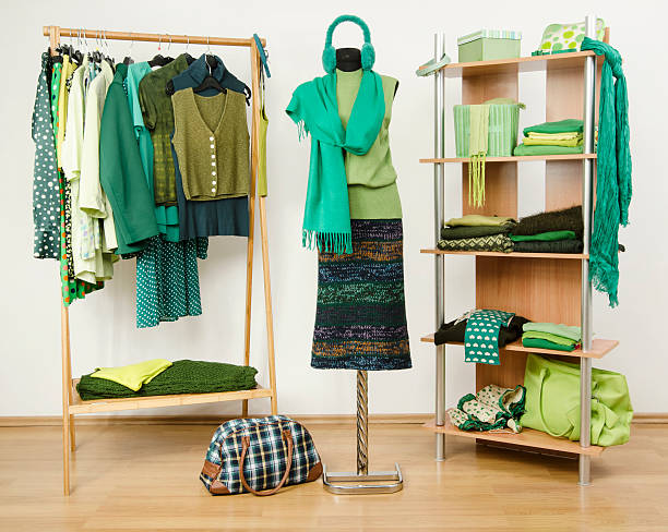 istock Wardrobe with all shades of green clothes and accessories. 492150077