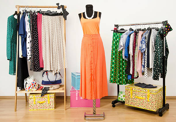 istock Dressing closet with polka dots clothes arranged on hangers. 492150093