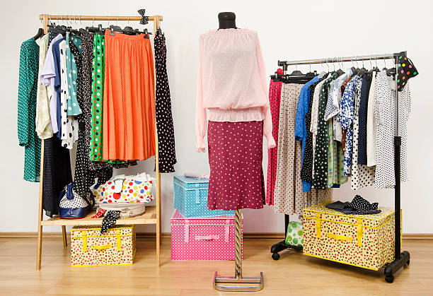 istock Dressing closet with polka dots clothes arranged on hangers. 492150129