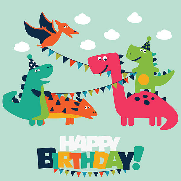 ilustraciones, imágenes clip art, dibujos animados e iconos de stock de feliz cumpleaños-hermoso vector tarjeta con divertidos dinosaurios - vector birthday teenage girls little girls