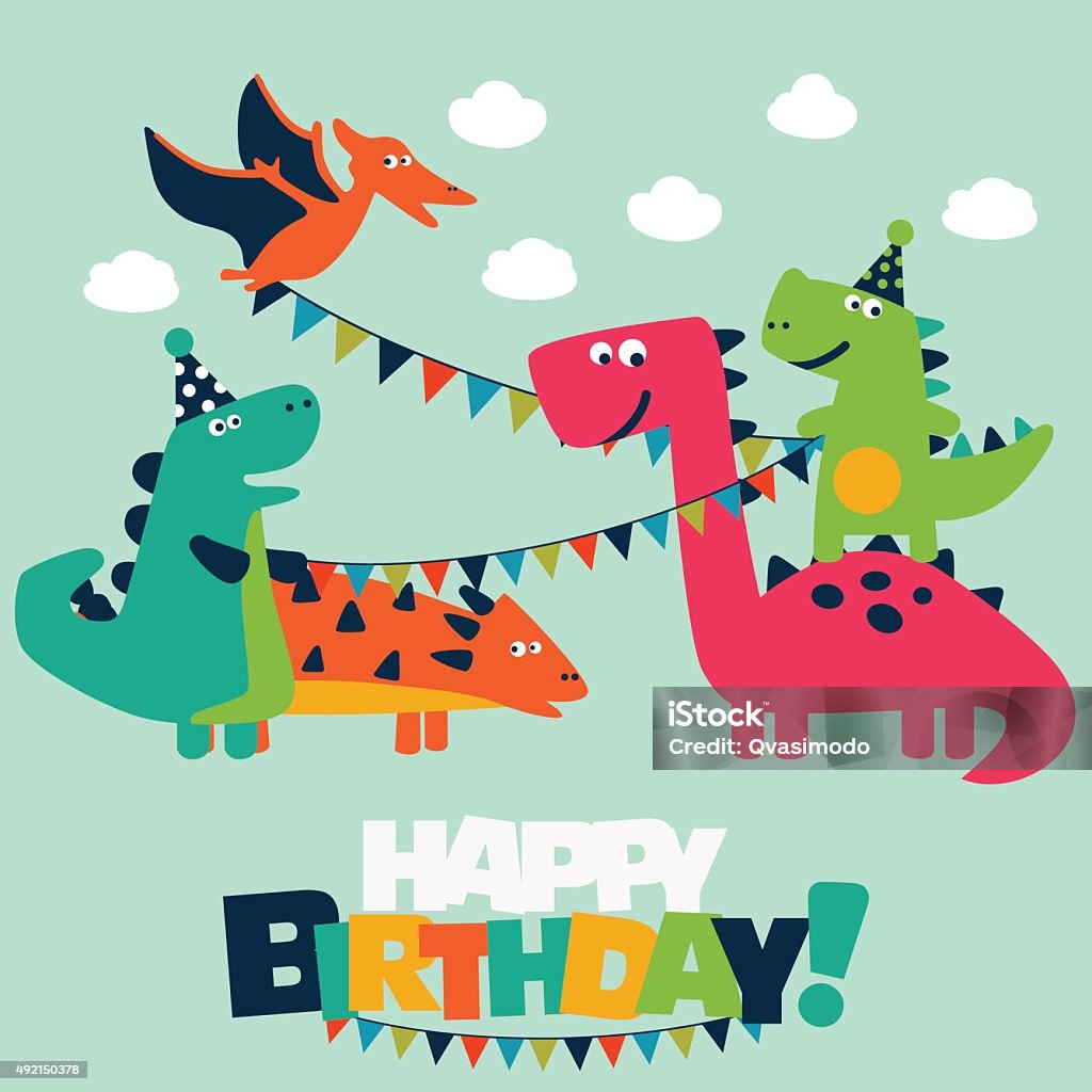 Happy birthday - lovely vector card with funny dinosaurs Happy birthday - lovely vector card with funny dinosaurs. Ideal for cards, logo, invitations, party, banners, kindergarten, preschool and children room decoration Dinosaur stock vector