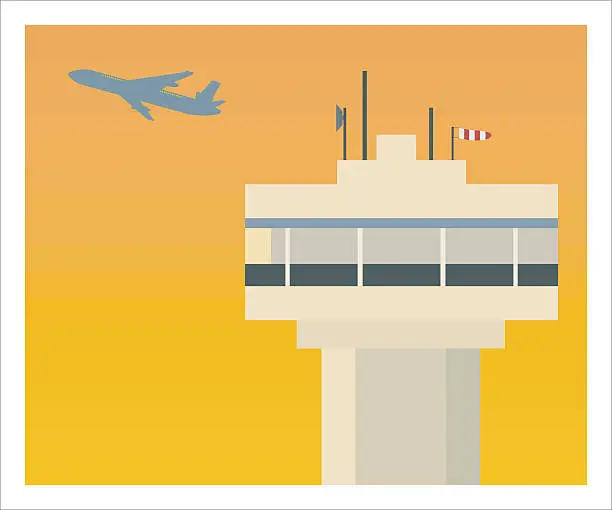 Vector illustration of airplane and air traffic control in afternoon