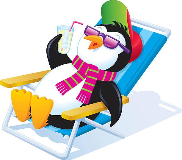 ilustrações, clipart, desenhos animados e ícones de pinguim relaxando ao sol, com uma bebida gelada - 2334