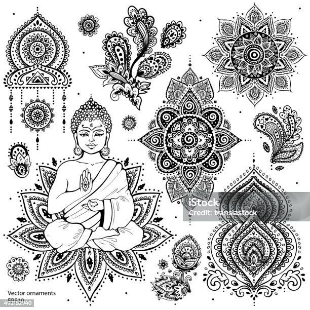 Set Of Ornamental Indian Symbols Stock Illustration - Download Image Now - Buddha, Mandala, Illustration