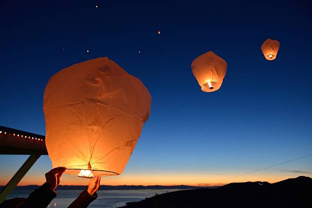 Make a wish, Paper Floating Lanterns release on Grouse Mountain stock photo