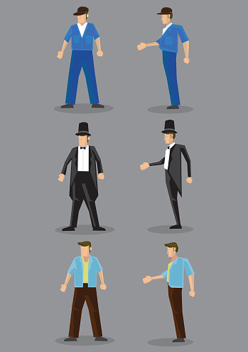 Men in different fashion style clothing in frontal and profile view. Vector cartoon character isolated on plain grey background.