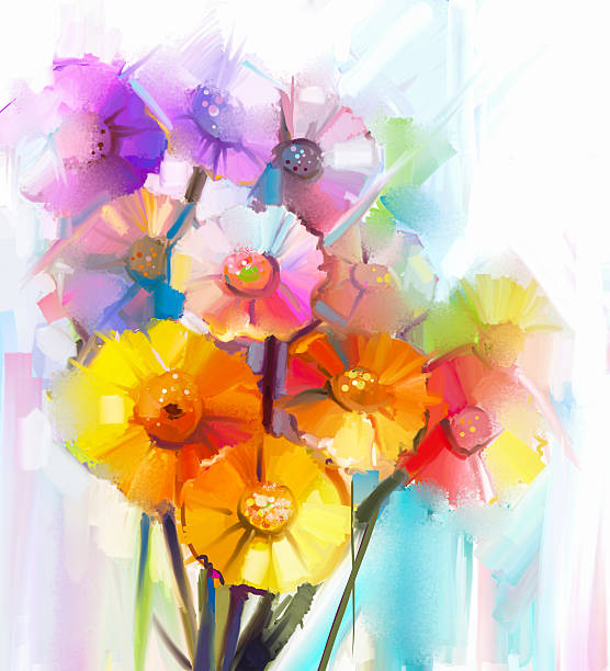 istock Oil painting  yellow, pink and red gerbera 492154958