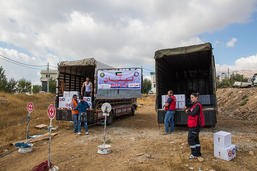 Beqaa, Lebanon - October 08, 2015: Aid organisations in Beqaa region giving food packages to Syrian refugees.