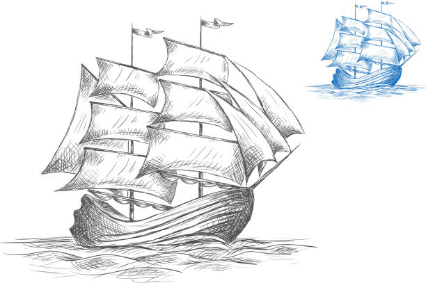 illustrations, cliparts, dessins animés et icônes de croquis de la voile bateau à voiles - brigantine sailing ship old nautical vessel