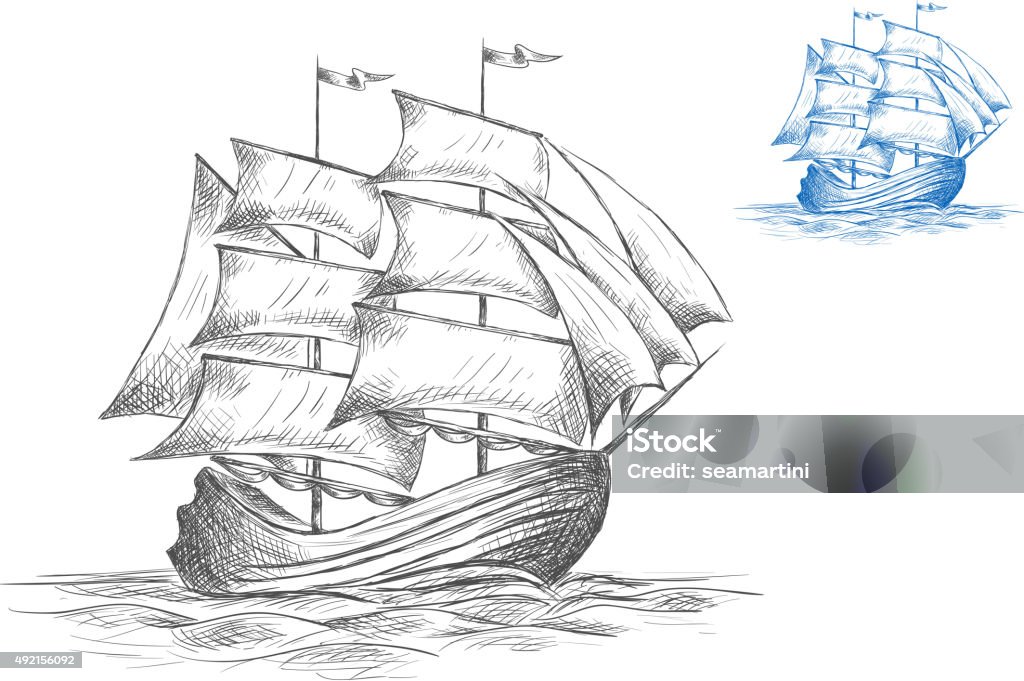 Sketch of sailing ship under full sail Old wooden sailing ship under full sail on the sea in two color variations in grey and blue, sketch Old stock vector