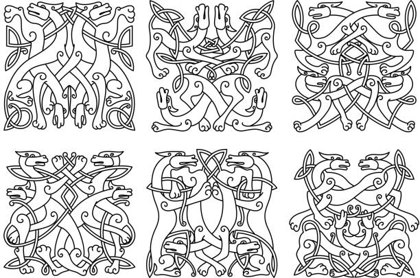 ilustrações, clipart, desenhos animados e ícones de celtic contorno entwined mística animais - celtic style celtic culture dog spirituality