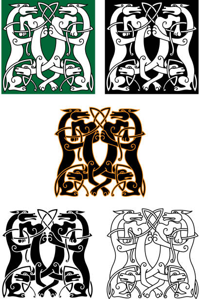 illustrazioni stock, clip art, cartoni animati e icone di tendenza di entwined mitico e cane lupo animali - celtic culture celtic style dog tied knot