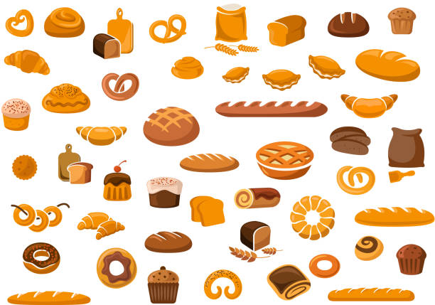 illustrazioni stock, clip art, cartoni animati e icone di tendenza di icone di pane e pasticceria prodotti - bun
