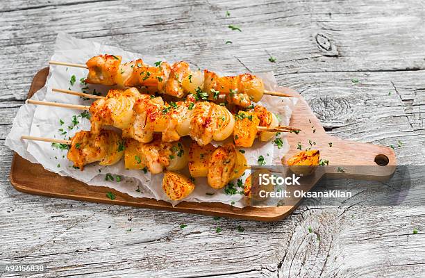 Chicken Kebab With Pumpkin And Onions Stock Photo - Download Image Now - 2015, Autumn, Baked