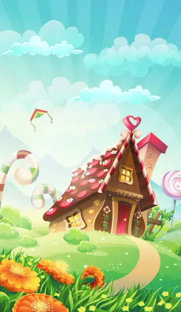 Vector illustration of Cartoon candy house on the meadow - vector illustration