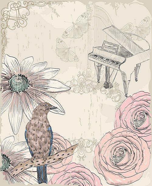 retro tło - flower bird floral pattern retro revival stock illustrations