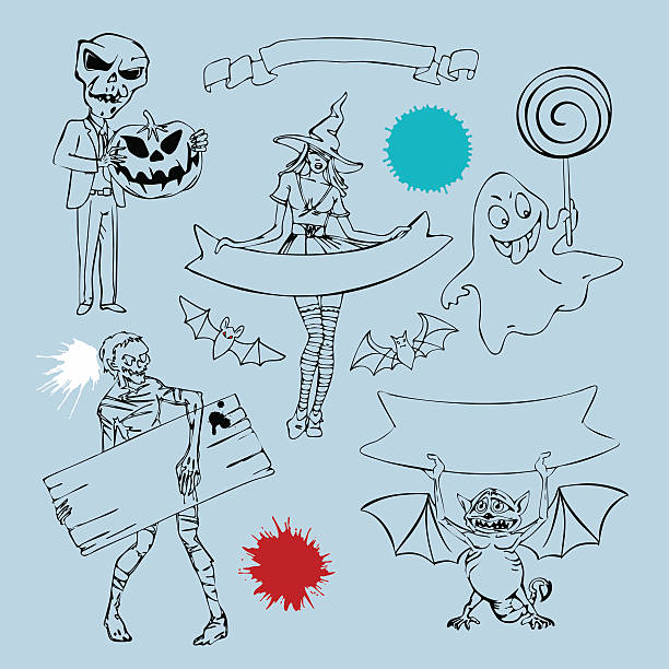 ilustrações, clipart, desenhos animados e ícones de conjunto de vetor de personagens e elementos gráficos para o halloween de design. - dragon terrified fear horror