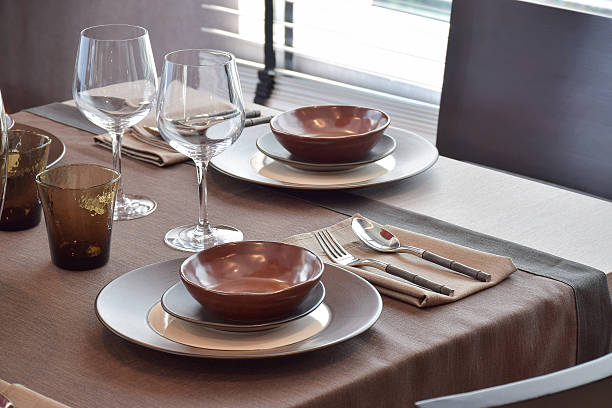 istock Close up modern classic dining set on wooden dining table 492186812