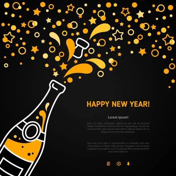 Vector illustration of Happy New Year greeting card with champagne explosion bottle