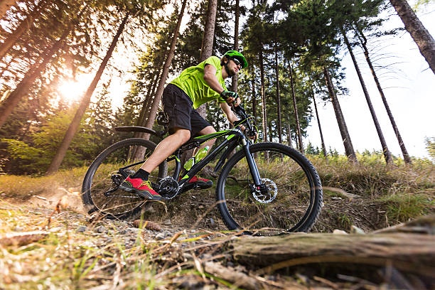 ciclismo de montaña en el bosque. - mountain biking fotografías e imágenes de stock