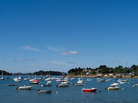 Larmor Baden, France - September 1, 2015: boats moored at the coastal resort of Larmor Baden in Brittany