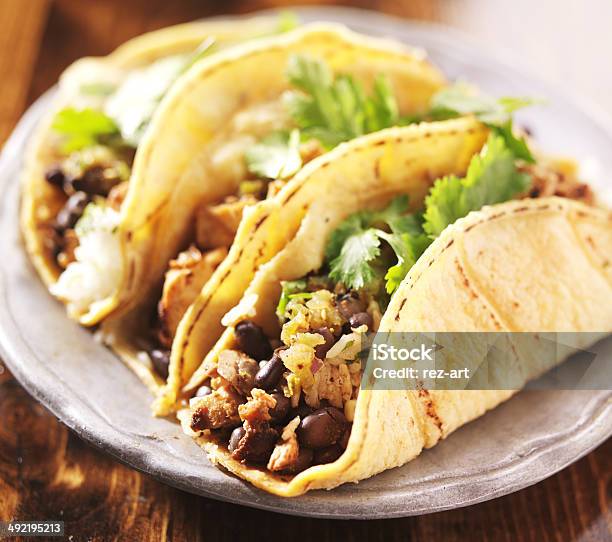 Tacos In Mexican Yellow Corn Tortilla With Chicken Stock Photo - Download Image Now