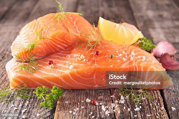 Raw Salmon Fillet Stock Photo - Download Image Now - Salmon - Seafood, Fillet, Lemon - Fruit