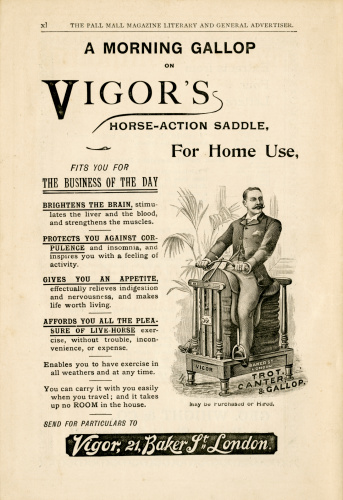 In studio, Beckenham, England March 23, 2014: A Victorian advertisement from ‘The Pall Mall Magazine’ for an exercise machine called ‘Vigor's Horse-Action Saddle’, apparently efficacious in the prevention of corpulence and insomnia, it brightened the brain, stimulated the liver and promoted the appetite. The subject would sit astride a bellows-like construction and ride it like a horse, his or her own efforts making the contraption behave as desired. And, as an added bonus, it was said to be easy to carry when travelling and took up no room in the house!