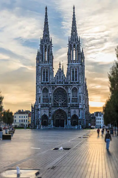The Church of Saint Peter and Saint Paul -Sint-Petrus-en-Pauluskerk- is the main church of Ostend, completed in 1908 on the site of a previous church. The majestic Roman Catholic Neo-Gothic church is 70 meters long and 30 meters wide, with spires that reach 72 meters. Ostend (Oostende in Dutch, Ostende in French) is a city in the Flanders Region of Belgium overlooking the North Sea.