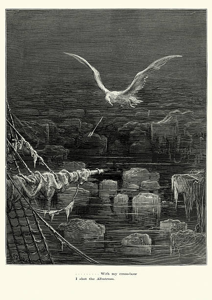 Rime of the Ancient Mariner - I shot Albatross Vintage engraving by Gustave Dore of a scene from the Rime of the Ancient Mariner,With my crossbow I shot the Albatross. The Rime of the Ancient Mariner is the longest major poem by the English poet Samuel Taylor Coleridge. It relates the experiences of a sailor who has returned from a long sea voyage. The mariner stops a man who is on the way to a wedding ceremony and begins to narrate a story. 1882 albatross stock illustrations