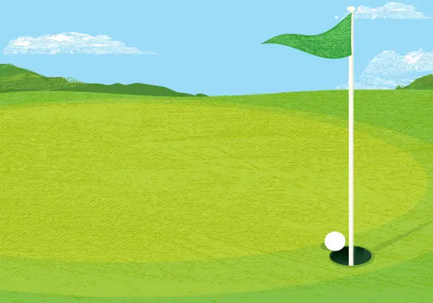 Vector illustration of Golf course putting green with flag horizontal composition