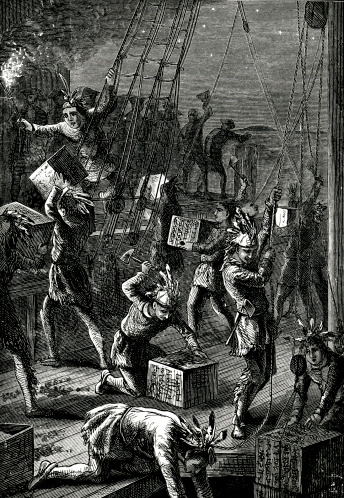 Engraving from 1882 showing the Boston Tea Party of 1773 in Boston, Massachusetts, USA.