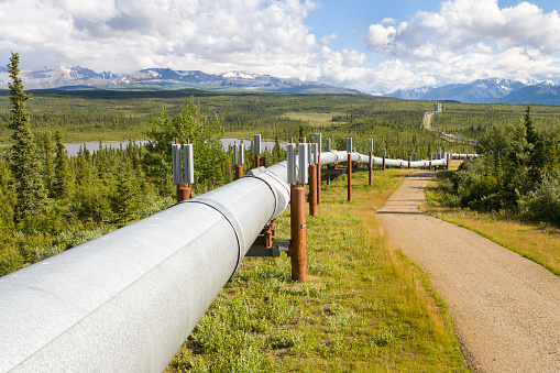 Trans Alaska Oil Pipeline in the Alaska mountain range.