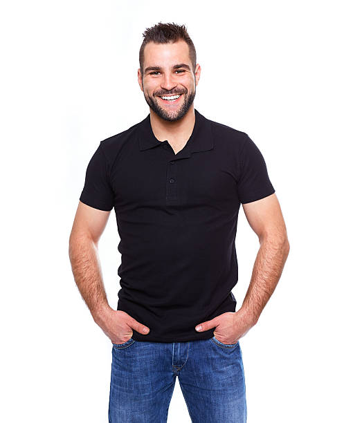 istock Young happy man in a black polo shirt 492201305