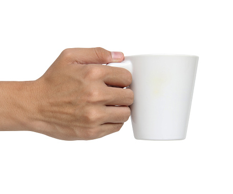 Man holding a ceramic cup isolated over white background