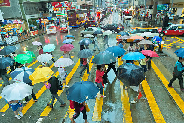 Busy Street in Hong Kong on Rainy Day, Asia stock photo