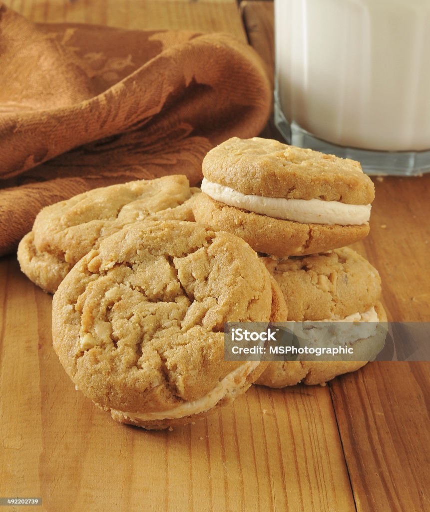 Peanut butter cream sandwich cookies Gourmet peanut butter cream sandwich cookies with milk Cookie Stock Photo