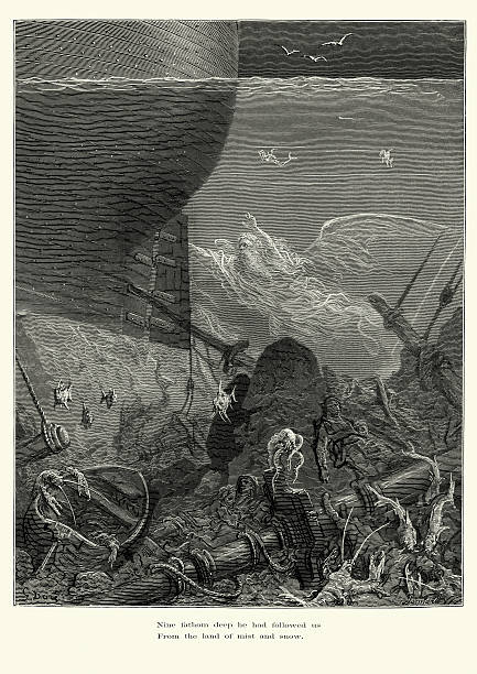 Rime of the Ancient Mariner Nine fathom deep he followed Vintage engraving by Gustave Dore of a scene from the Rime of the Ancient Mariner, Nine fathom deep he had followed us, From the land of mist and snow. The Rime of the Ancient Mariner is the longest major poem by the English poet Samuel Taylor Coleridge. It relates the experiences of a sailor who has returned from a long sea voyage. The mariner stops a man who is on the way to a wedding ceremony and begins to narrate a story. 1882 sinking ship pictures pictures stock illustrations