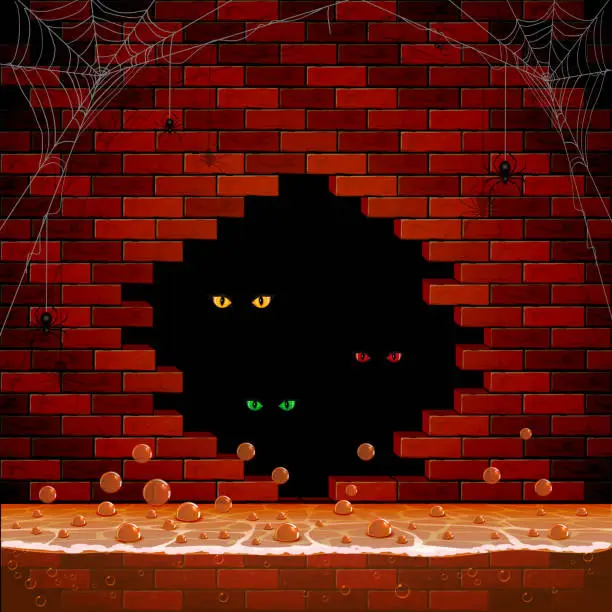 Vector illustration of Eye in the hole of the brick wall