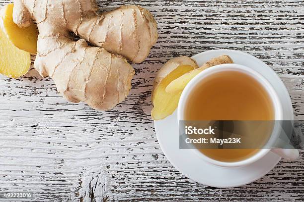 Ginger Tea In A White Cup On Wooden Background Stock Photo - Download Image Now - Ginger - Spice, Tea - Hot Drink, Raw Food