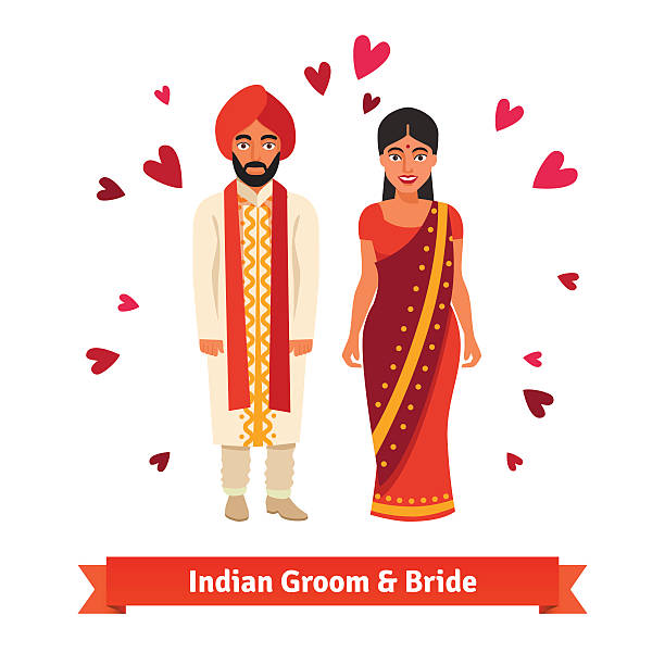 Indian wedding, bride, groom in national costumes Indian wedding, bride and groom in national costumes. Hindu people standing surrounded by hearts symbols of love. Flat style vector illustration isolated on white background. Kurta stock illustrations