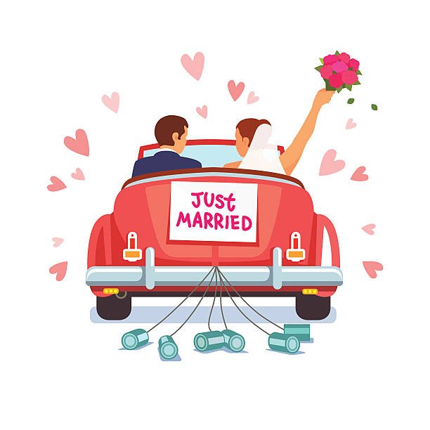 Newlywed couple is driving car for their honeymoon Newlywed couple is driving a vintage convertible car for their honeymoon with just married sign and cans attached. Flat style vector illustration isolated on white background. bride illustrations stock illustrations