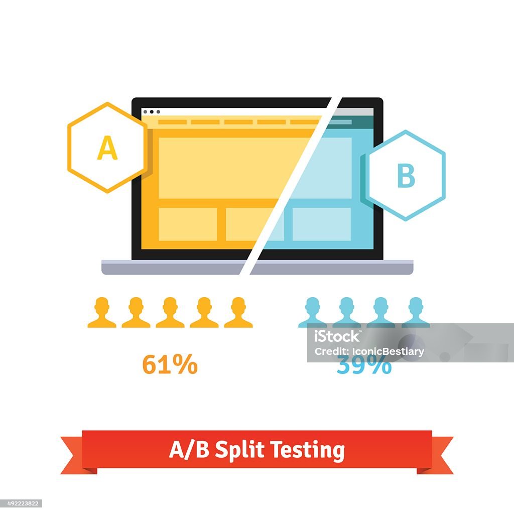 AB split testing. Laptop screen AB split testing. Laptop screen showing two versions of a webpage with different statistical distribution of positive feedback. Flat style vector illustration isolated on white background. Scientific Experiment stock vector
