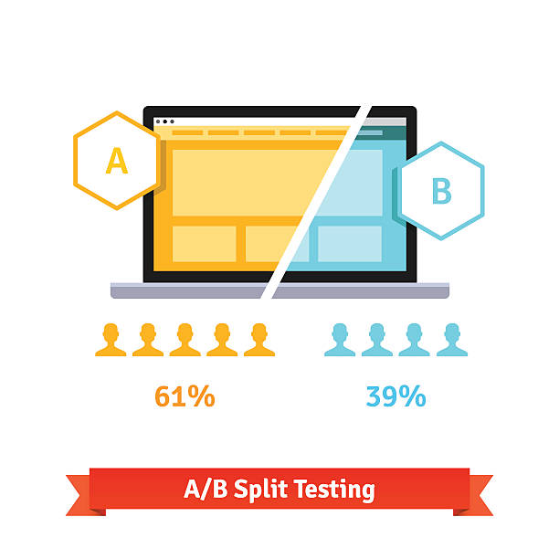 AB split testing. Laptop screen AB split testing. Laptop screen showing two versions of a webpage with different statistical distribution of positive feedback. Flat style vector illustration isolated on white background. scientific experiment stock illustrations