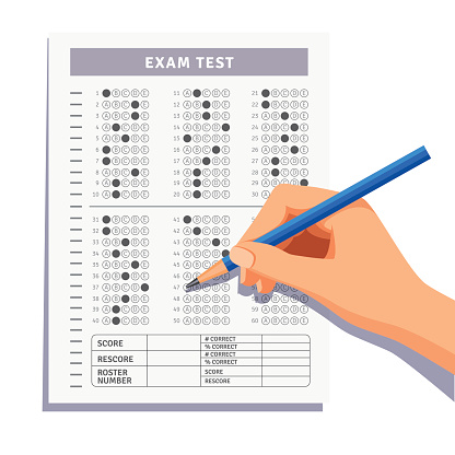 Student filling out answers to exam test answer sheet with pencil. Flat style vector illustration isolated on white background.