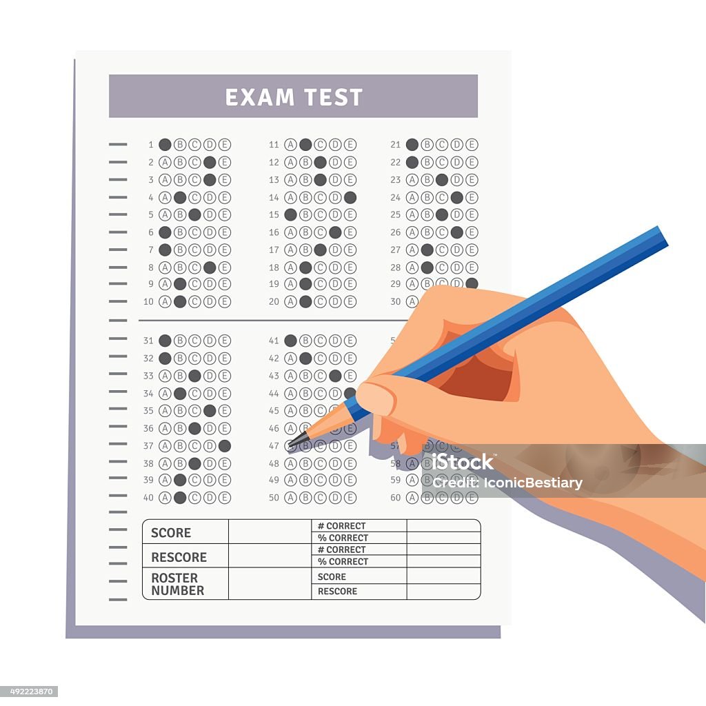 Student filling out answers to exam test Student filling out answers to exam test answer sheet with pencil. Flat style vector illustration isolated on white background. Educational Exam stock vector