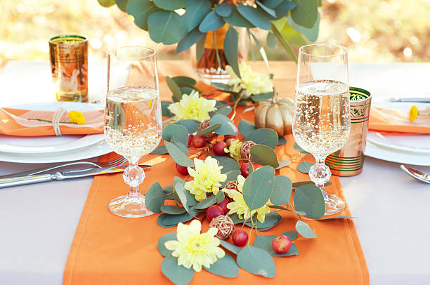Exquisitely decorated table for two. Autumn themed table setting.