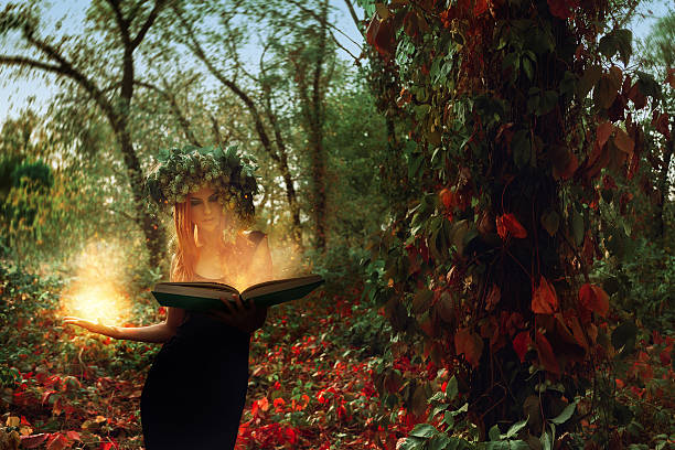 istock fantastic witch conjures by a magical book in the woods 492229336