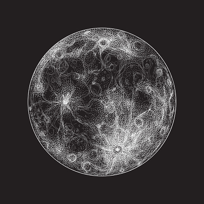 Magical full moon on black. Hand drawn vector dotwork