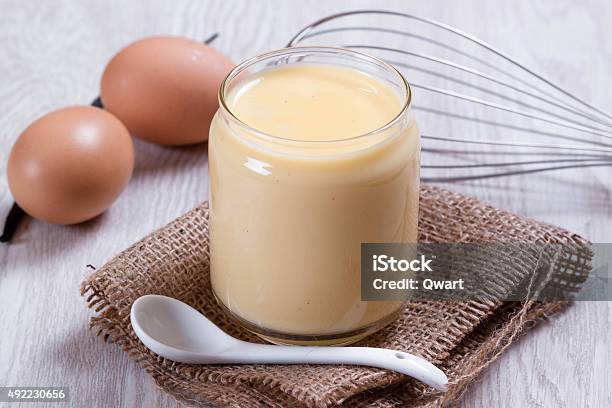 Custard In The Glass Jar With A Spoon Stock Photo - Download Image Now - 2015, Custard, Horizontal